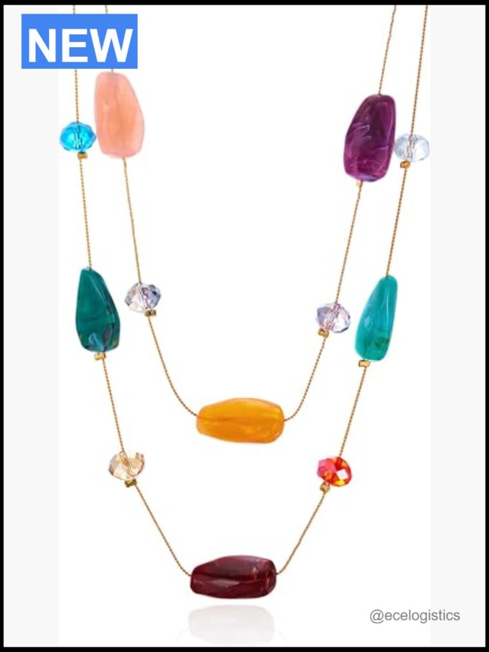 Layered Resin Stone Pendant Necklace, 18K Gold Plated Brass Chain, Lightweight